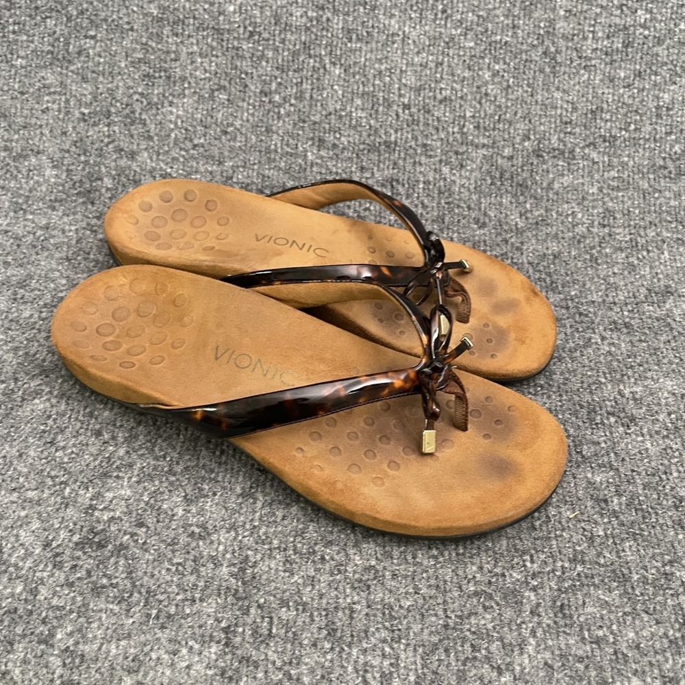 Vionic Bella II Orthotic Sandals Womens Sz 9 Tortoise Shell Bow Thong Flip Flop